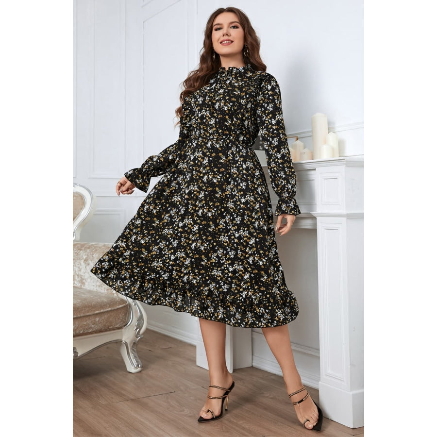 Plus Size Floral Flounce Sleeve Midi Dress