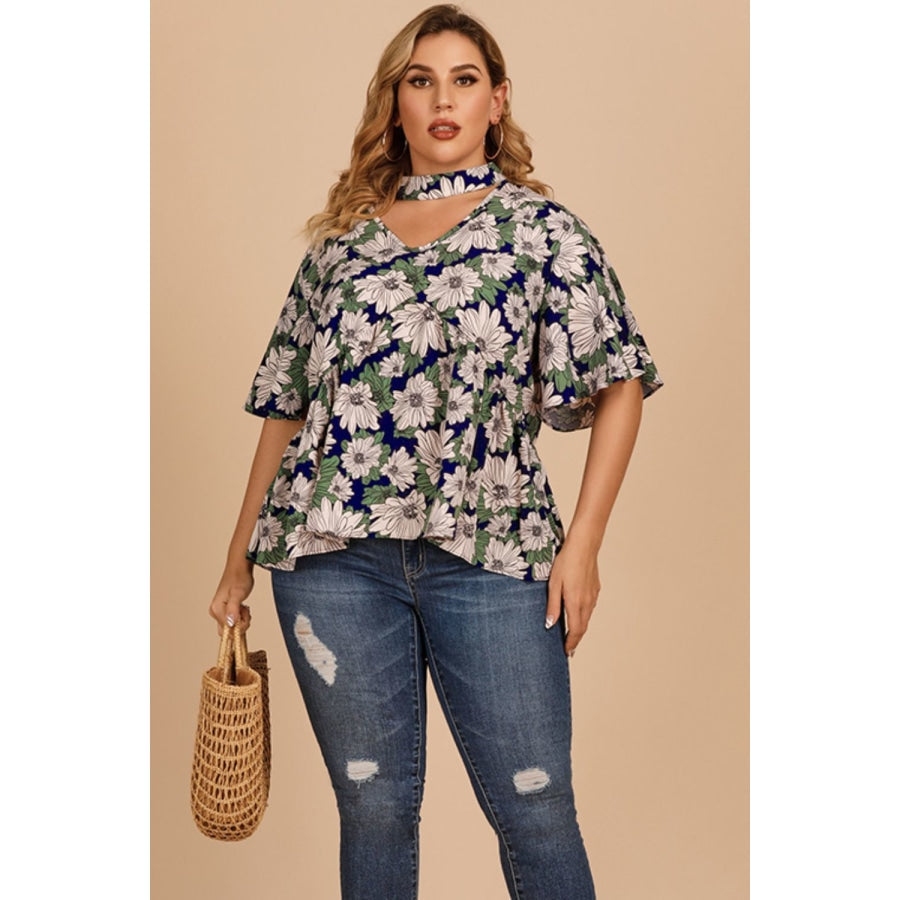 Plus Size Floral Flutter Sleeve Cutout Blouse Navy / XL