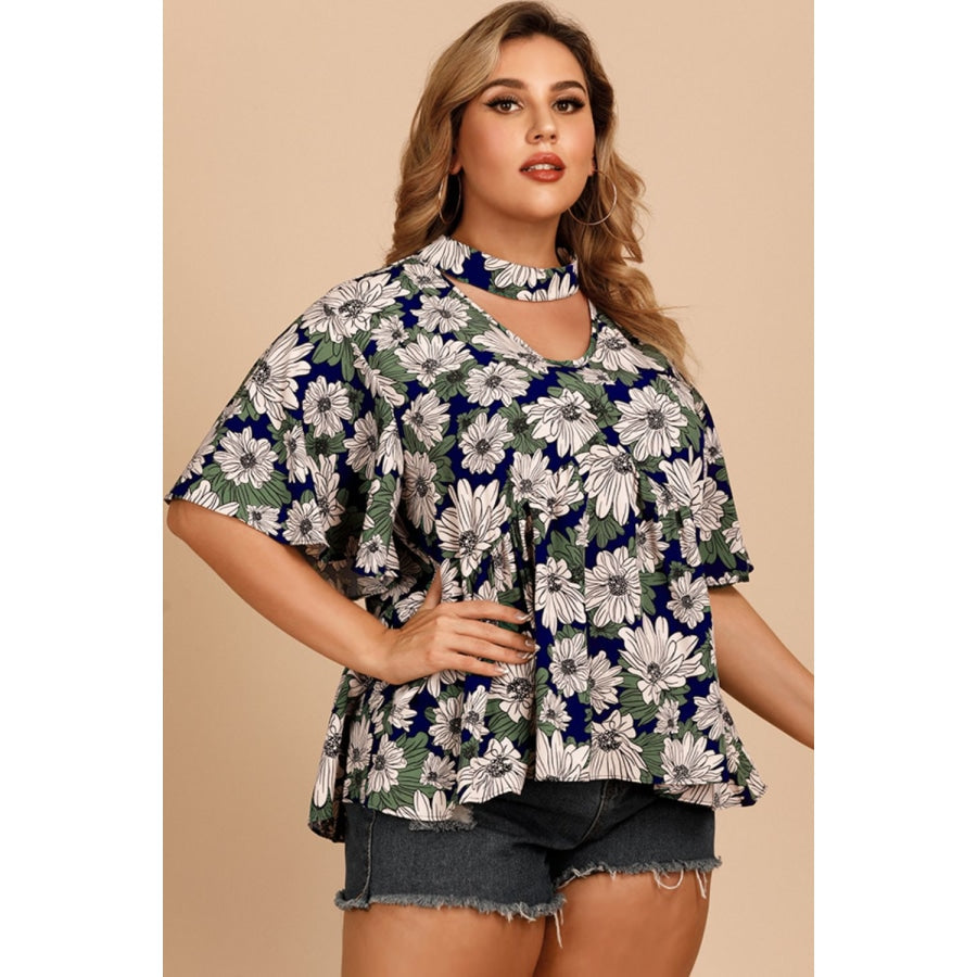 Plus Size Floral Flutter Sleeve Cutout Blouse