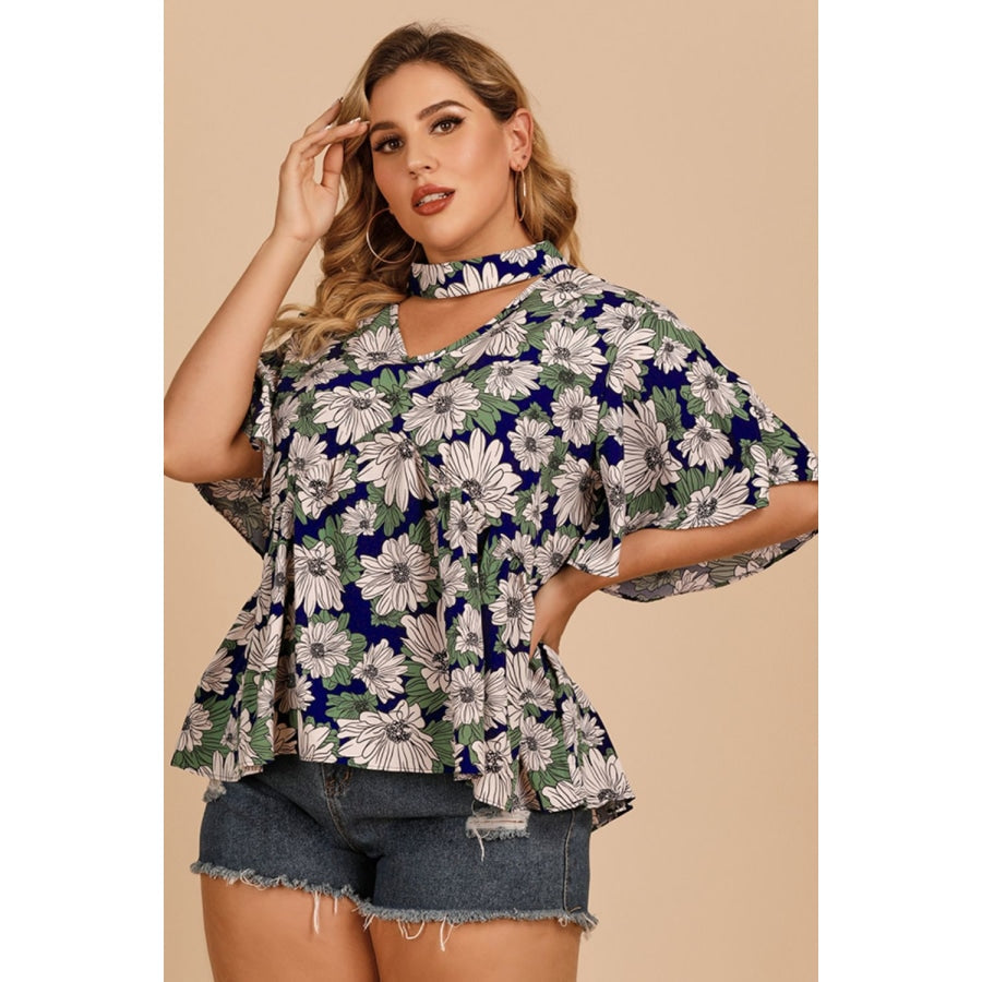 Plus Size Floral Flutter Sleeve Cutout Blouse