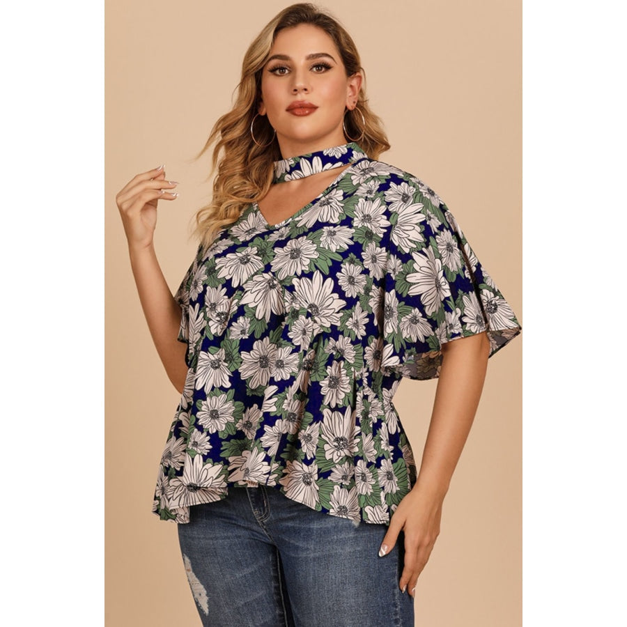 Plus Size Floral Flutter Sleeve Cutout Blouse Navy / XL