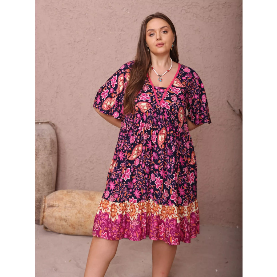 Plus Size Floral Flutter Sleeve Dress Cerise / 0XL Apparel and Accessories