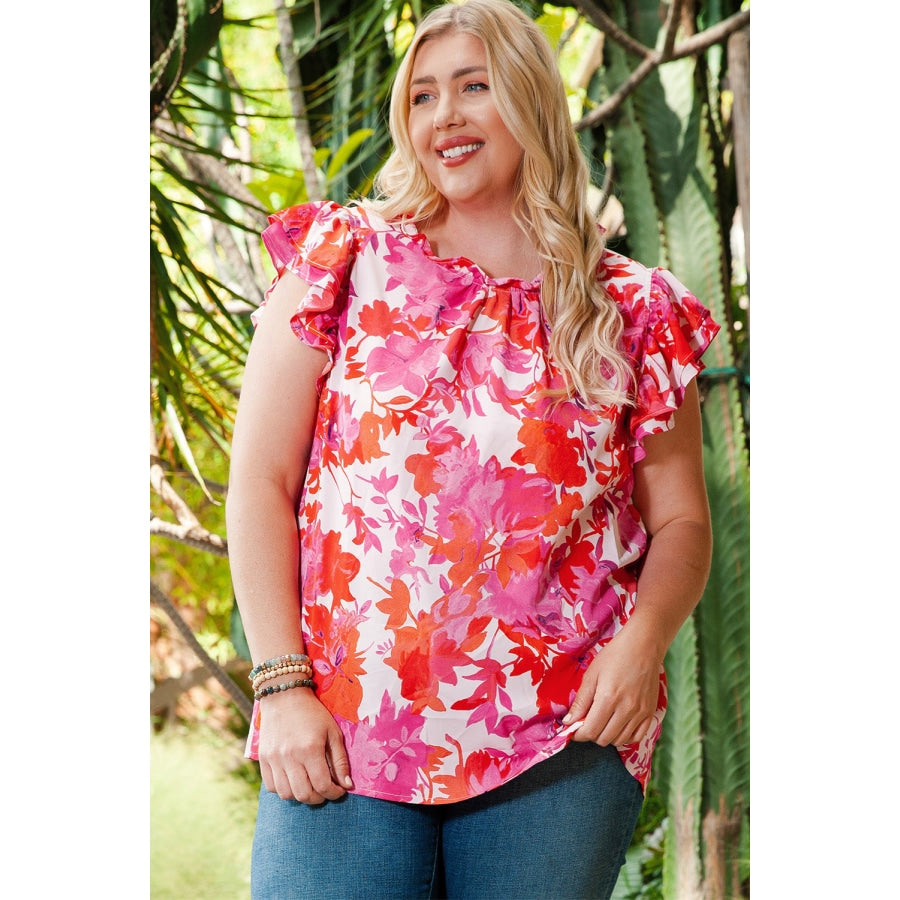 Plus Size Floral Flutter Sleeve Round Neck Blouse Floral / 1X