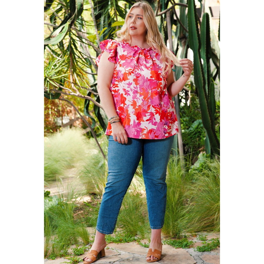 Plus Size Floral Flutter Sleeve Round Neck Blouse