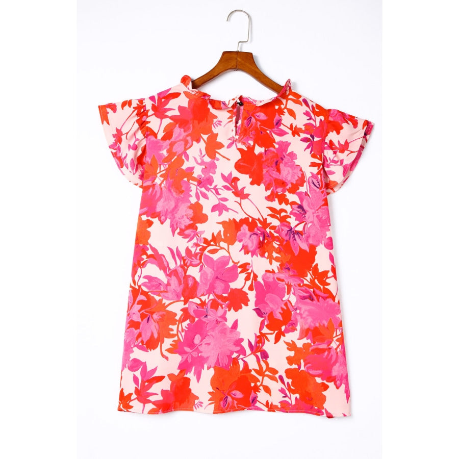 Plus Size Floral Flutter Sleeve Round Neck Blouse