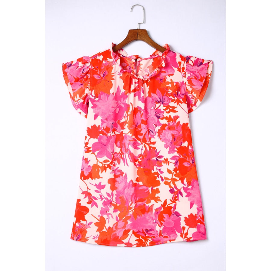 Plus Size Floral Flutter Sleeve Round Neck Blouse