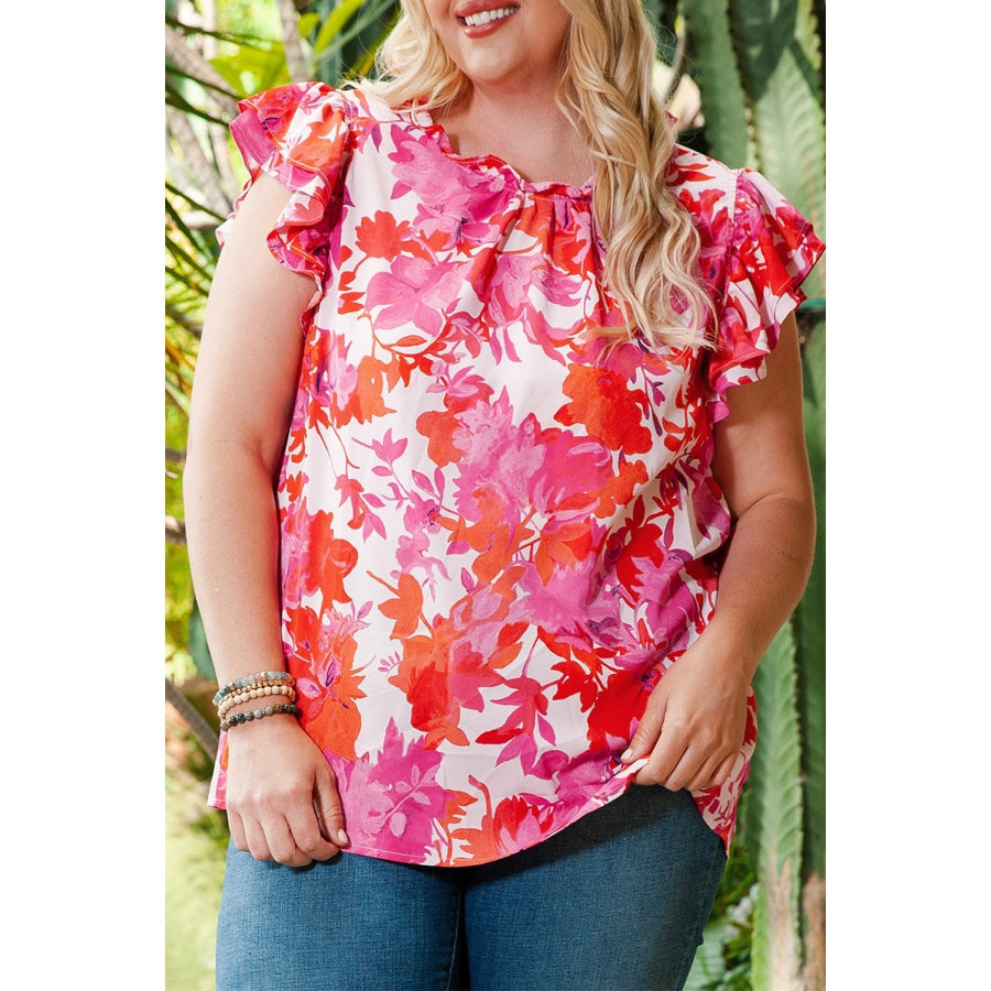 Plus Size Floral Flutter Sleeve Round Neck Blouse