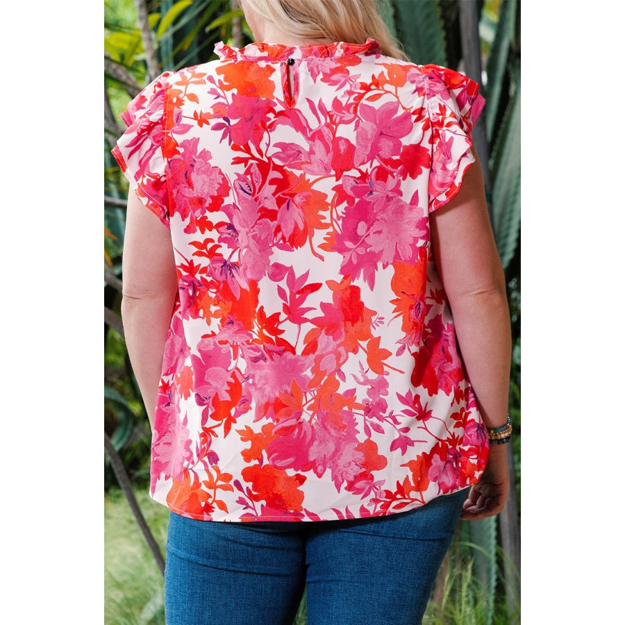 Plus Size Floral Flutter Sleeve Round Neck Blouse