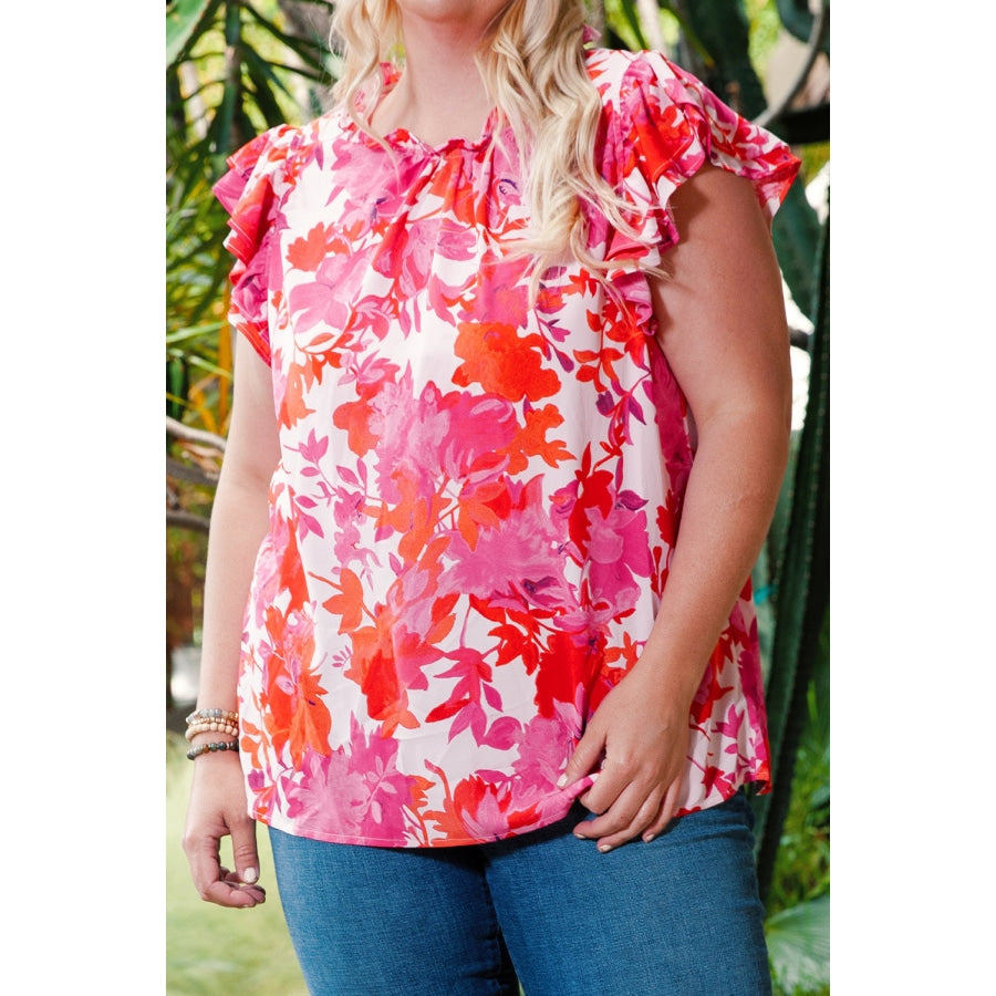 Plus Size Floral Flutter Sleeve Round Neck Blouse