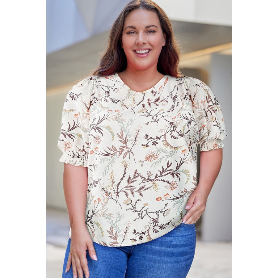 Plus Size Floral Fuff Sleeve Top Ivory / 1X