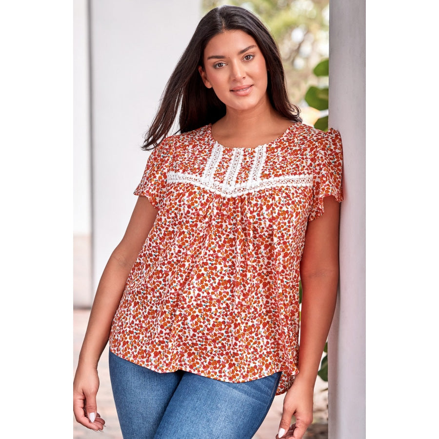 Plus Size Floral Lace Trim Round Neck Blouse Floral / 1X