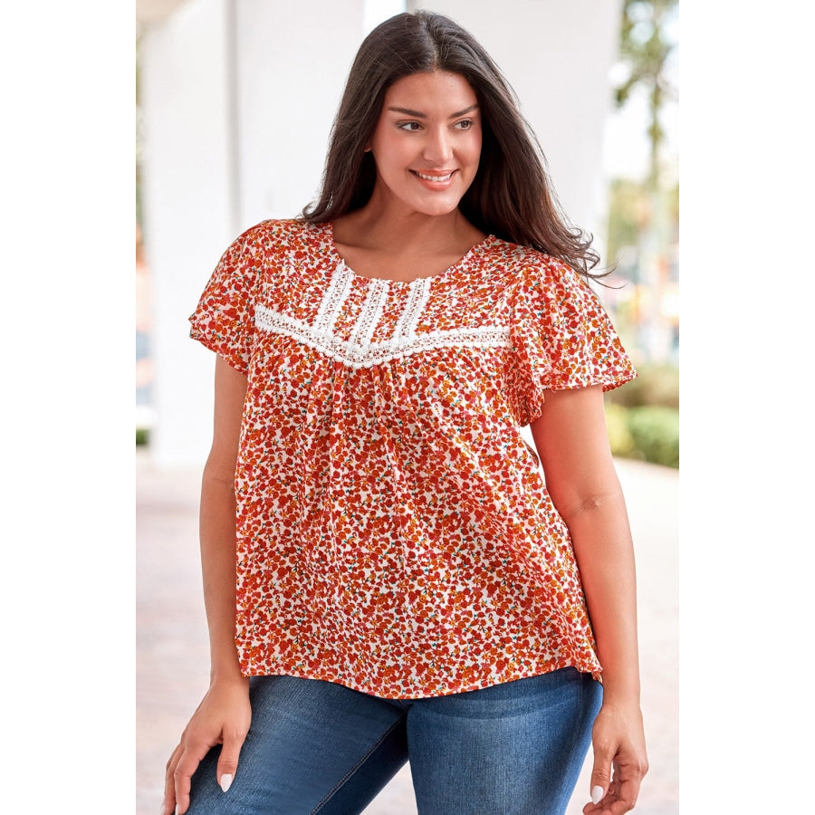 Plus Size Floral Lace Trim Round Neck Blouse