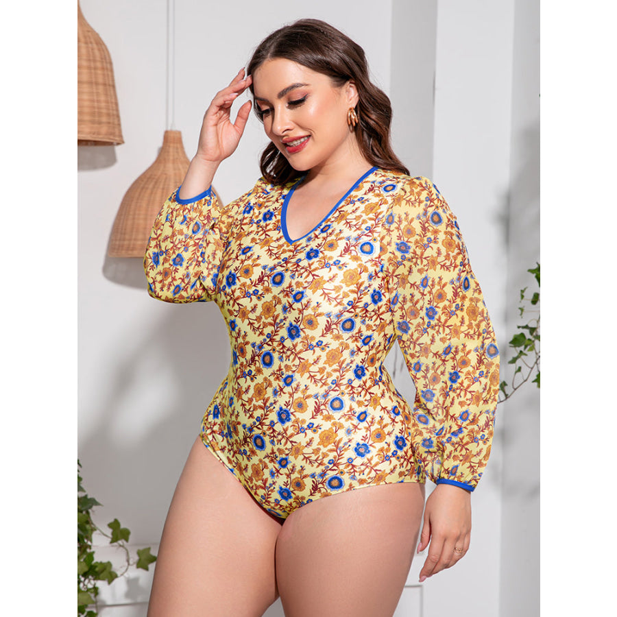 Plus Size Floral Open Back Long Sleeve One-Piece Swimsuit Apparel and Accessories