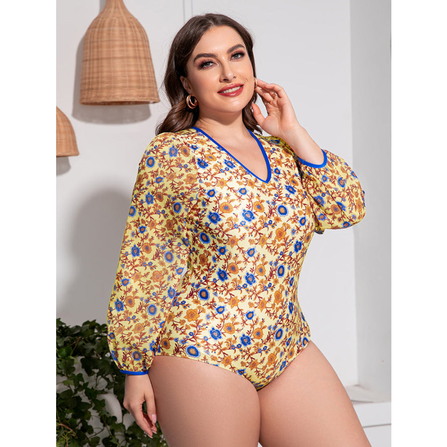 Plus Size Floral Open Back Long Sleeve One-Piece Swimsuit Apparel and Accessories