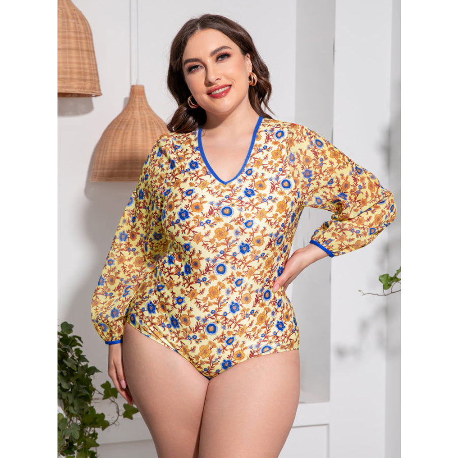 Plus Size Floral Open Back Long Sleeve One-Piece Swimsuit Gold / 2XL Apparel and Accessories