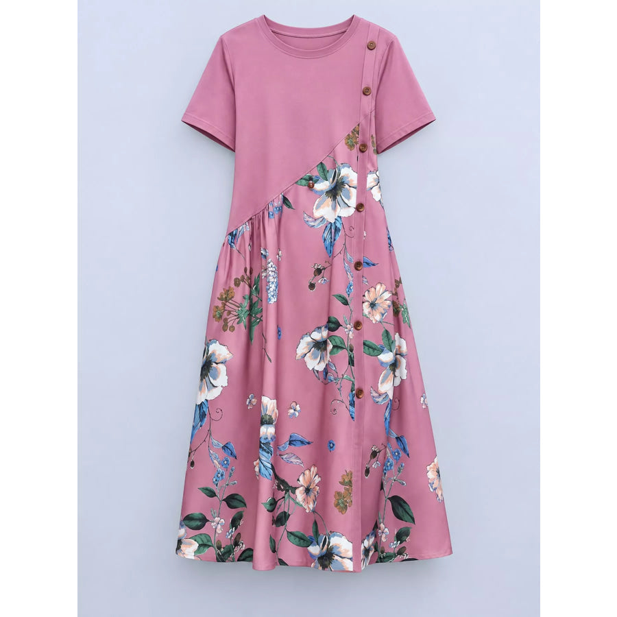 Plus Size Floral Print A-Line Midi Dress with Asymmetric Button Detail Apparel and Accessories