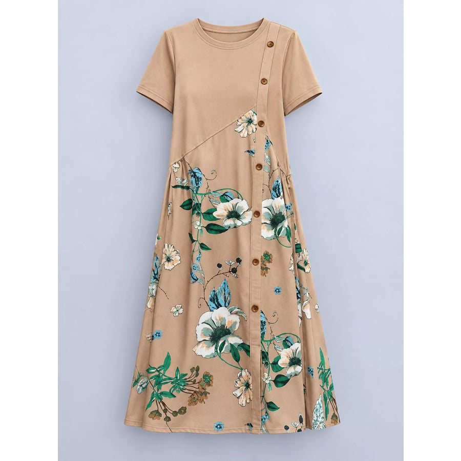 Plus Size Floral Print A-Line Midi Dress with Asymmetric Button Detail Apparel and Accessories