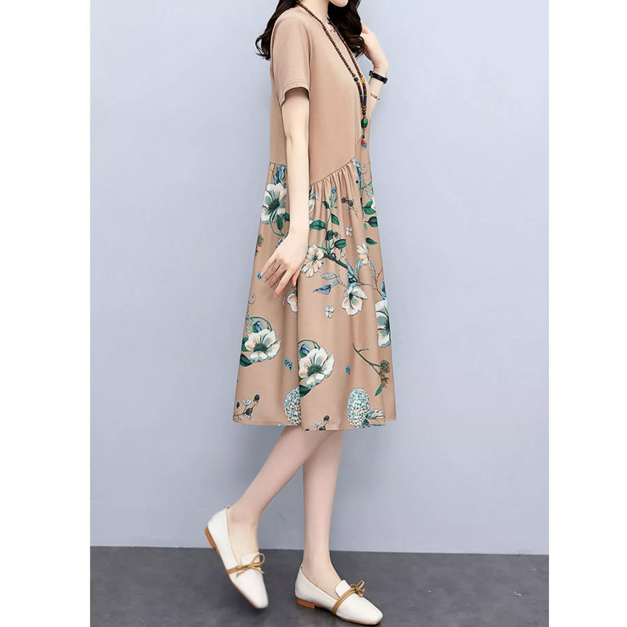 Plus Size Floral Print A-Line Midi Dress with Asymmetric Button Detail Apparel and Accessories