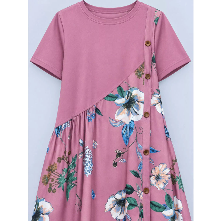 Plus Size Floral Print A-Line Midi Dress with Asymmetric Button Detail Apparel and Accessories