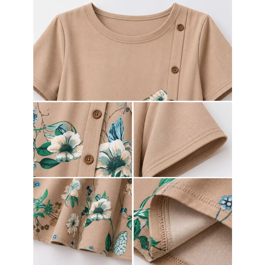 Plus Size Floral Print A-Line Midi Dress with Asymmetric Button Detail Apparel and Accessories