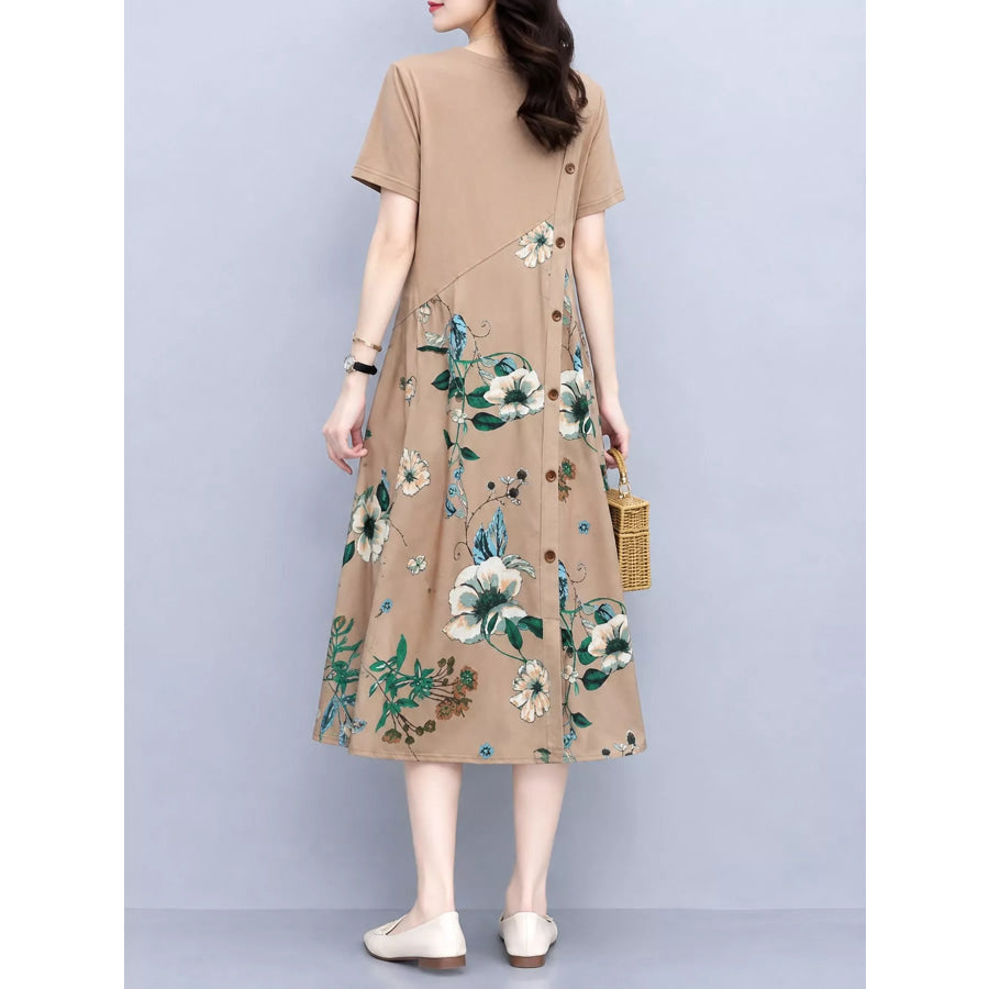 Plus Size Floral Print A-Line Midi Dress with Asymmetric Button Detail Apparel and Accessories