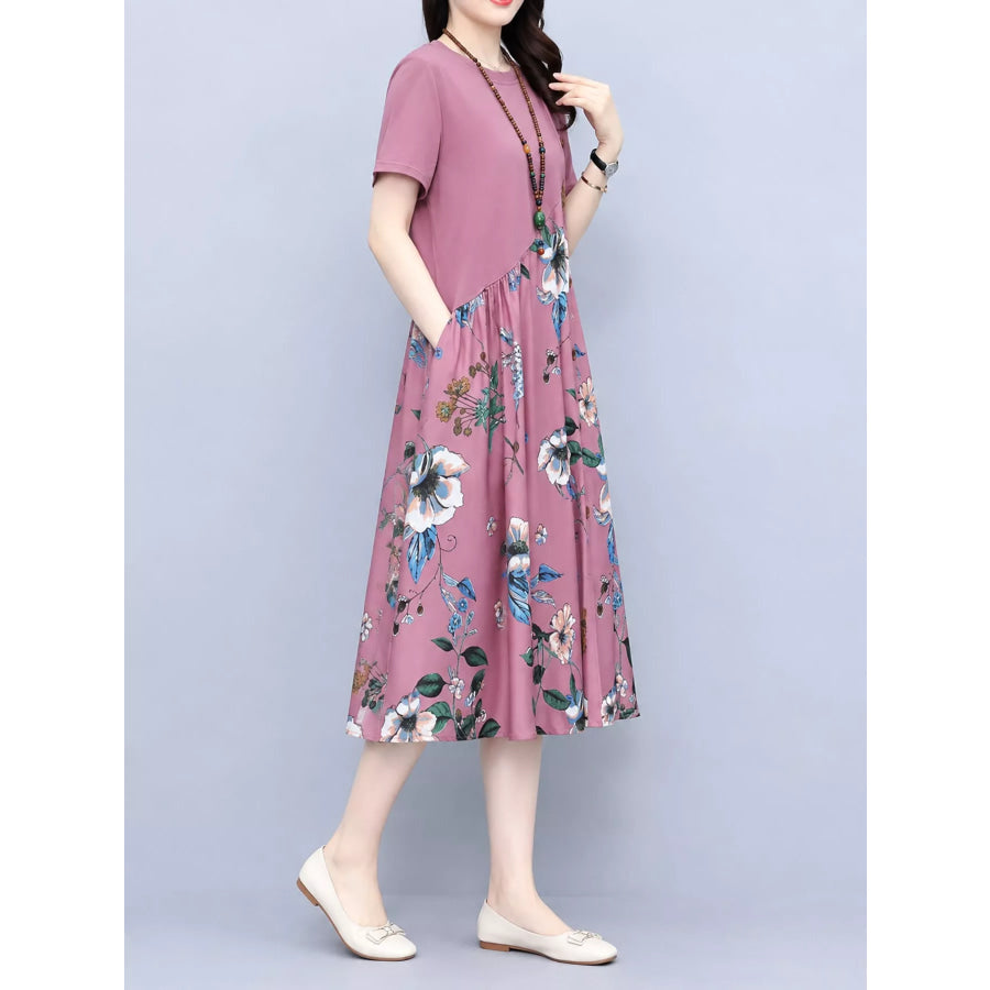 Plus Size Floral Print A-Line Midi Dress with Asymmetric Button Detail Apparel and Accessories