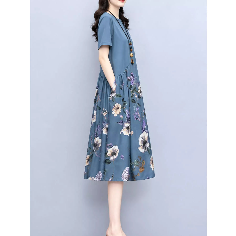Plus Size Floral Print A-Line Midi Dress with Asymmetric Button Detail Apparel and Accessories