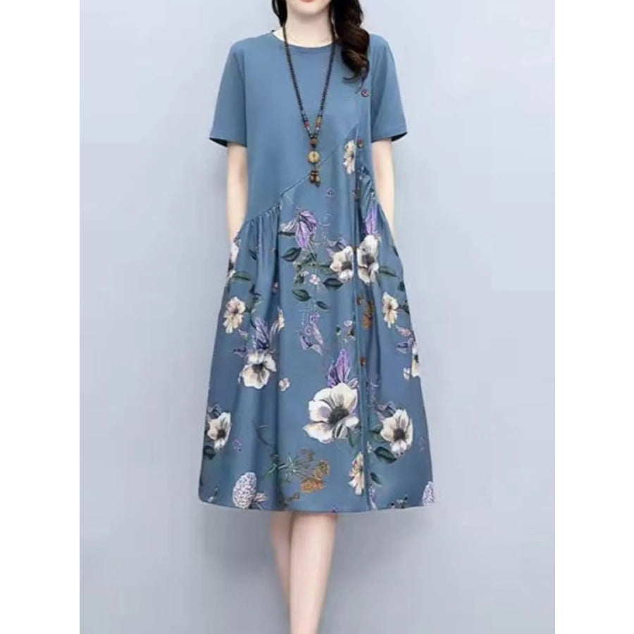 Plus Size Floral Print A-Line Midi Dress with Asymmetric Button Detail Blue / M Apparel and Accessories
