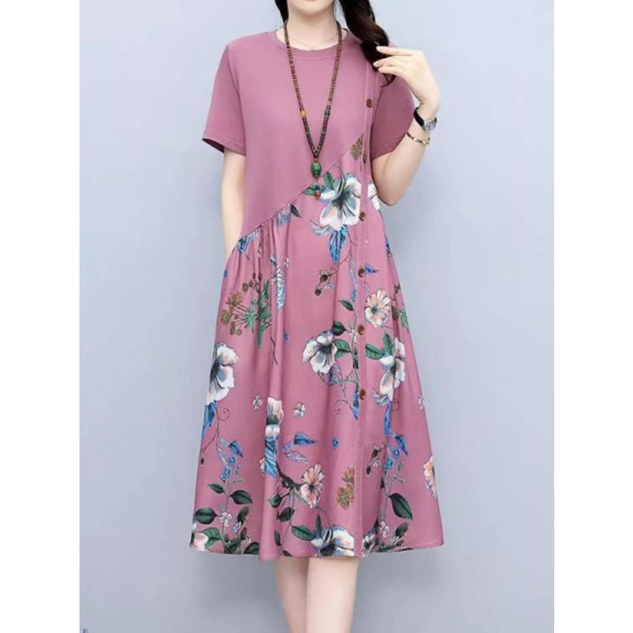 Plus Size Floral Print A-Line Midi Dress with Asymmetric Button Detail Fuchsia / M Apparel and Accessories