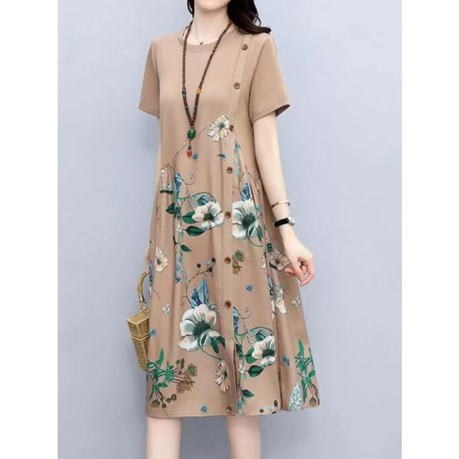 Plus Size Floral Print A-Line Midi Dress with Asymmetric Button Detail Khaki / M Apparel and Accessories