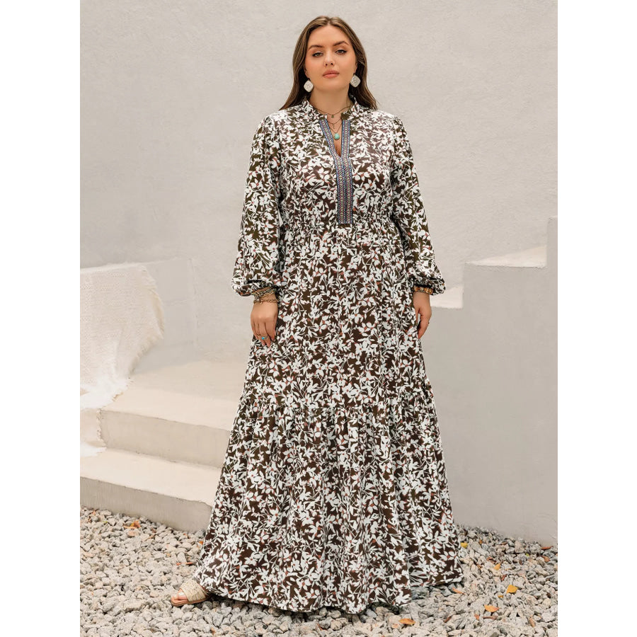 Plus Size Floral Print Long Sleeve Maxi Dress Apparel and Accessories