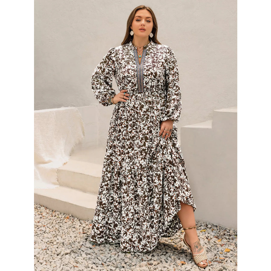 Plus Size Floral Print Long Sleeve Maxi Dress Apparel and Accessories