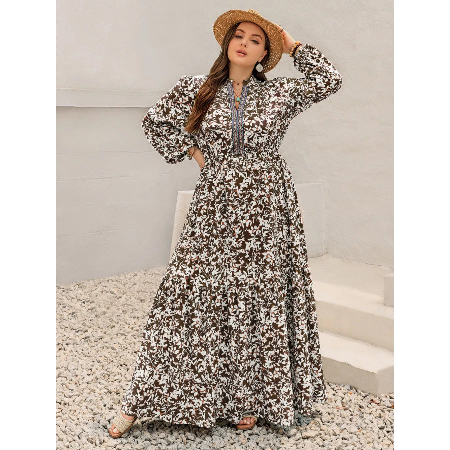 Plus Size Floral Print Long Sleeve Maxi Dress Apparel and Accessories