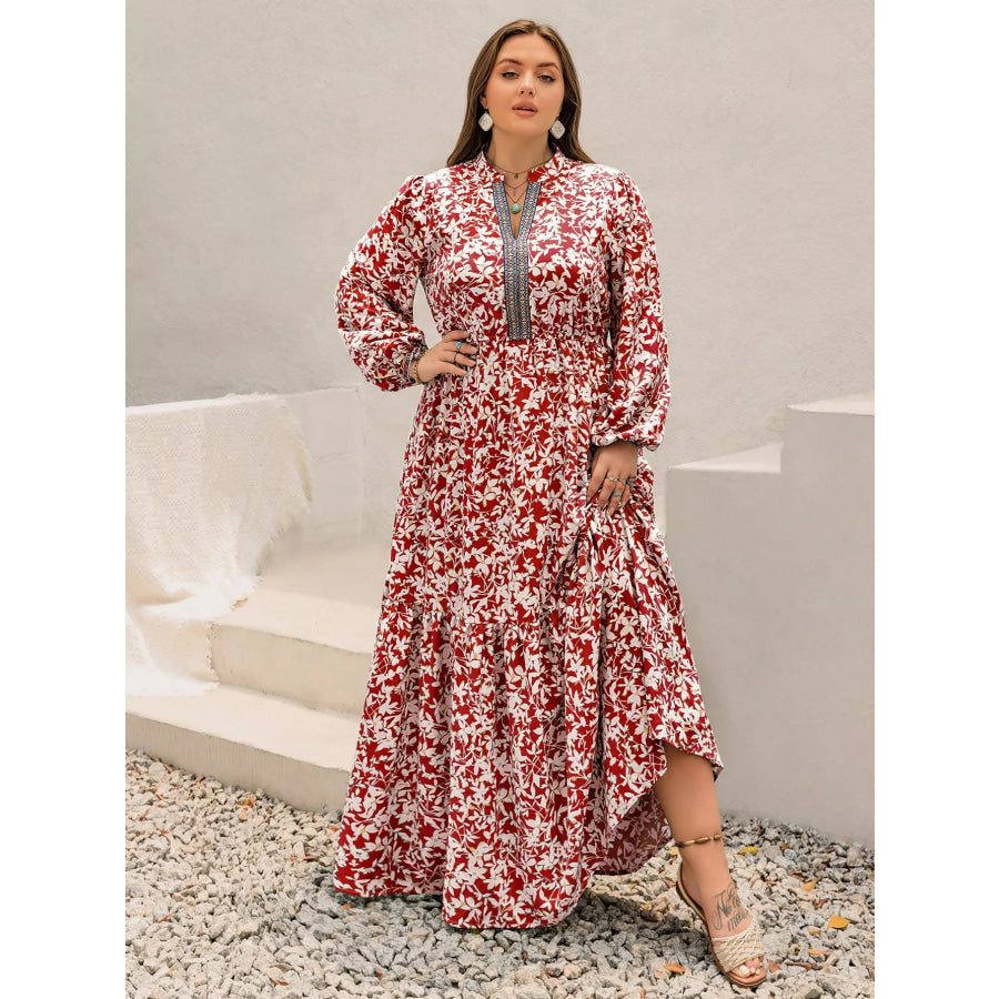 Plus Size Floral Print Long Sleeve Maxi Dress Deep Red / 0XL Apparel and Accessories