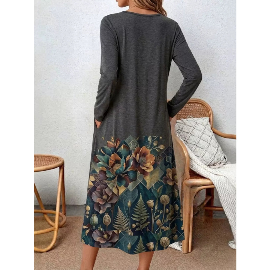 Plus Size Floral Print Long Sleeve Midi Dress Apparel and Accessories