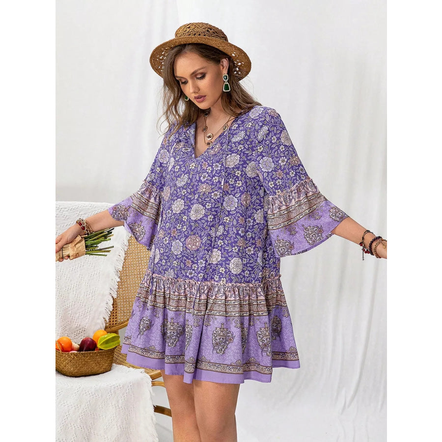 Plus Size Floral Print Ruffle Hem Mini Dress Lavender / 0XL Apparel and Accessories