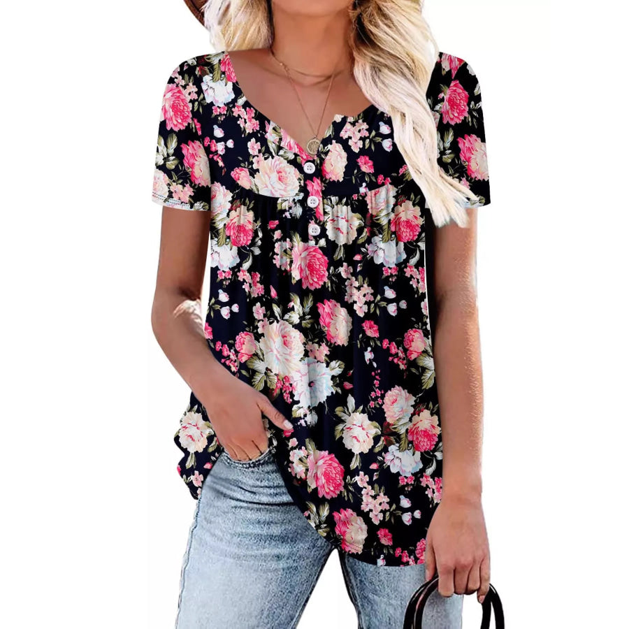 Plus Size Floral Print Short Sleeve T-Shirt Black / 1XL Apparel and Accessories