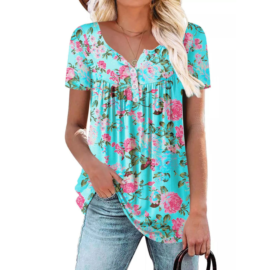 Plus Size Floral Print Short Sleeve T-Shirt Lake Blue / 1XL Apparel and Accessories