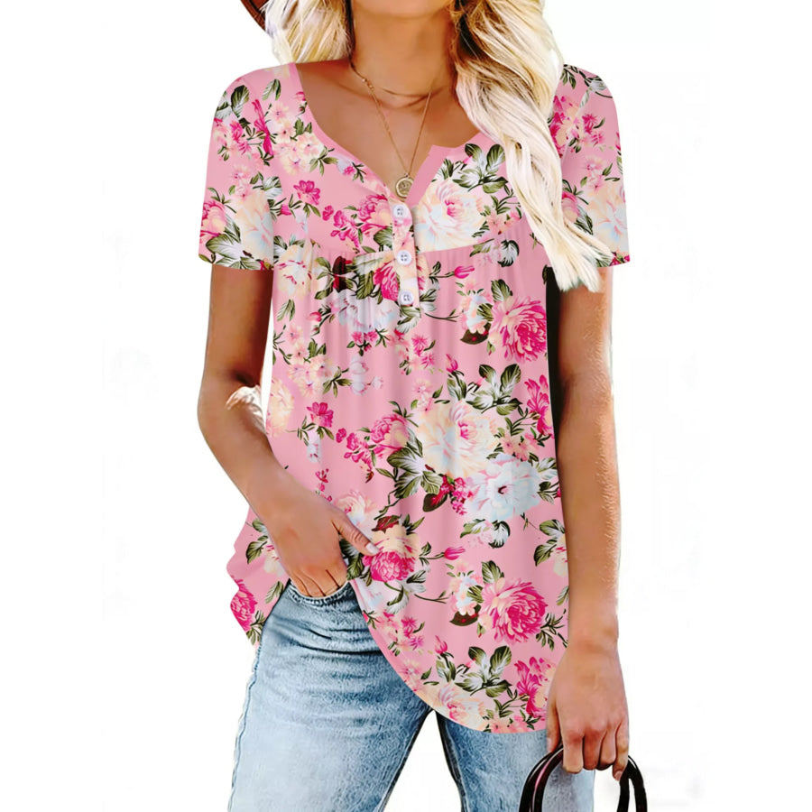 Plus Size Floral Print Short Sleeve T-Shirt Pink / 1XL Apparel and Accessories