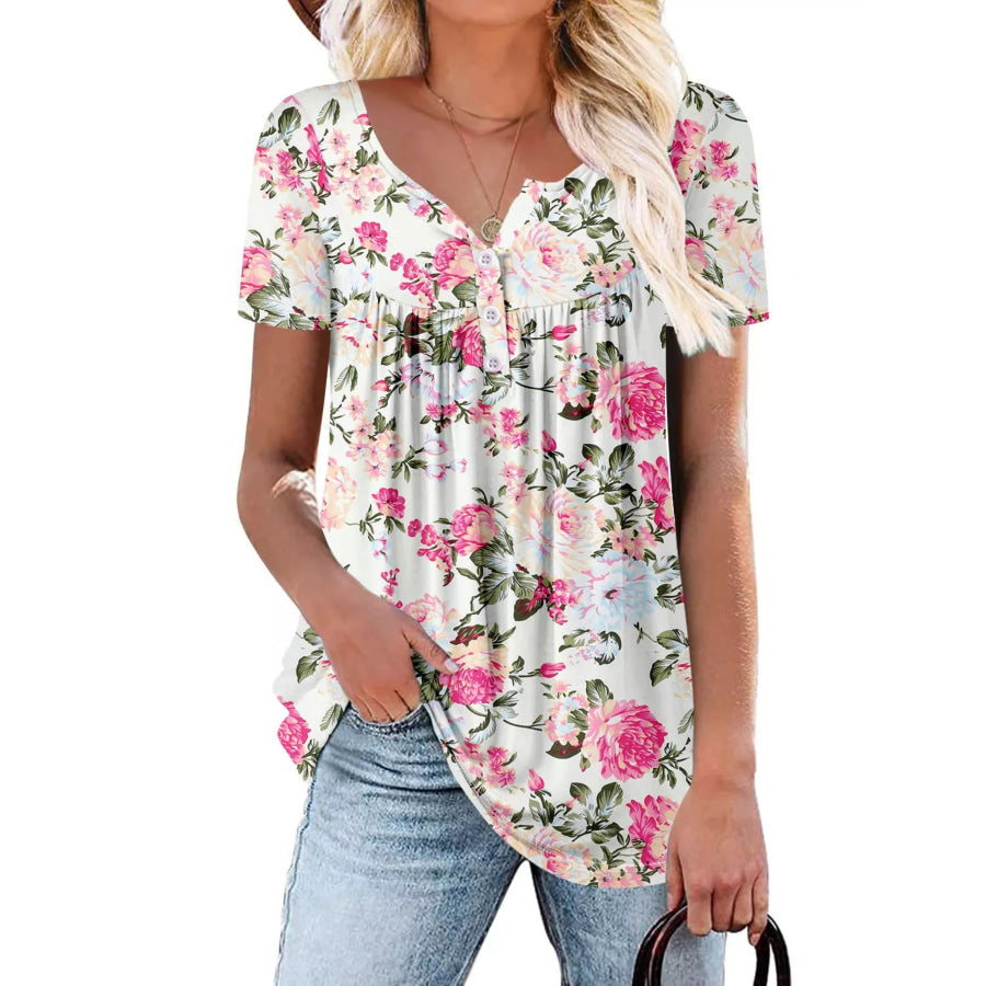 Plus Size Floral Print Short Sleeve T-Shirt White / 1XL Apparel and Accessories