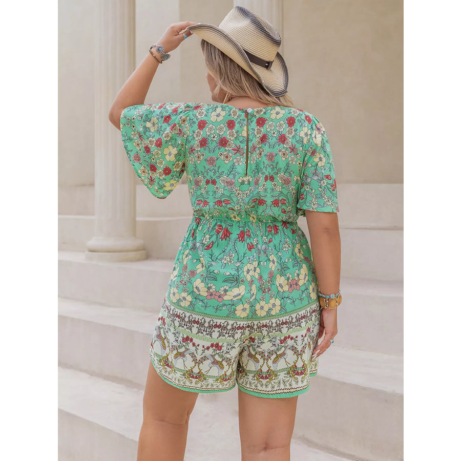 Plus Size Floral Print Square Neck Romper Apparel and Accessories