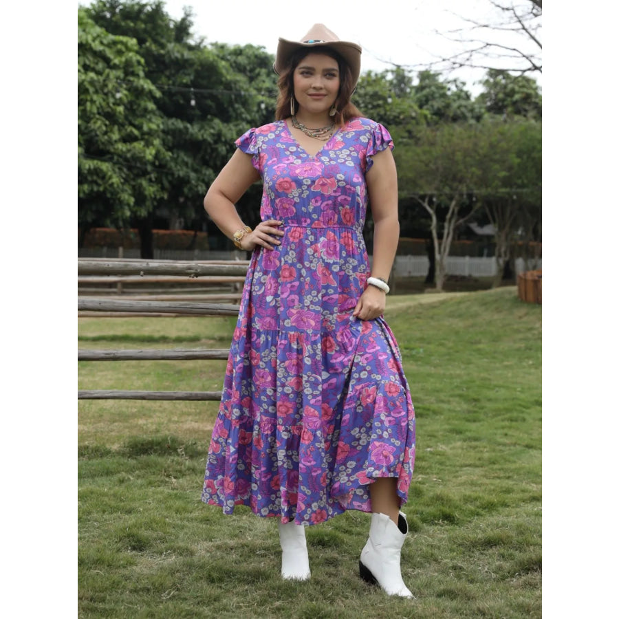 Plus Size Floral Print Tiered Maxi Dress Vivid Violet / 0XL Apparel and Accessories