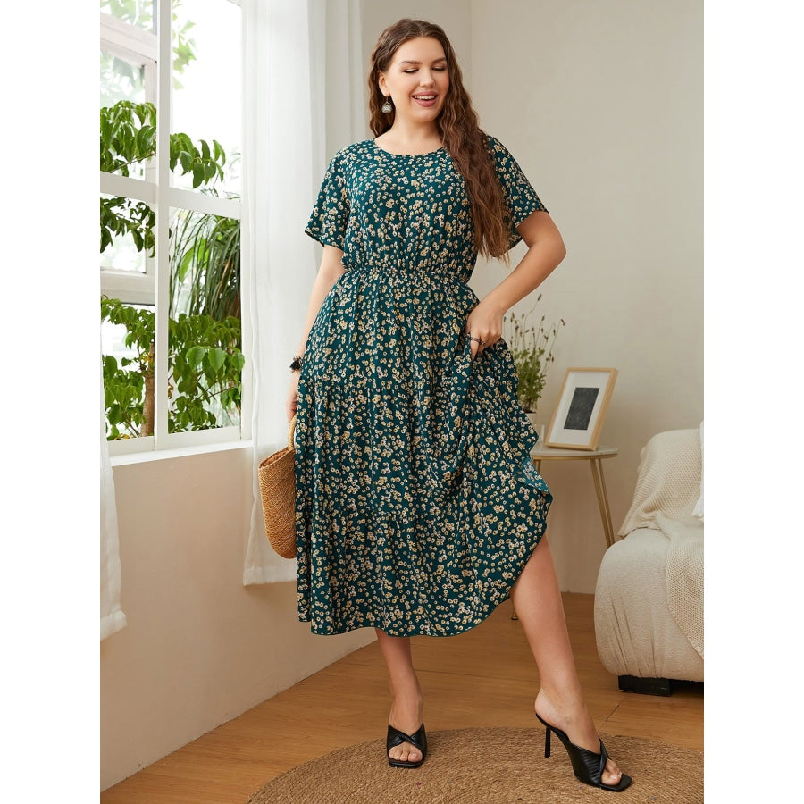 Plus Size Floral Round Neck Short Sleeve Midi Dress Deep Teal / 1XL