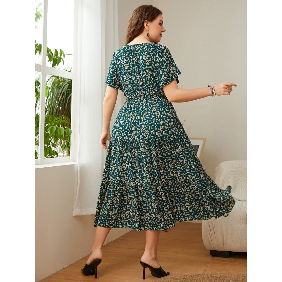 Plus Size Floral Round Neck Short Sleeve Midi Dress Deep Teal / 1XL