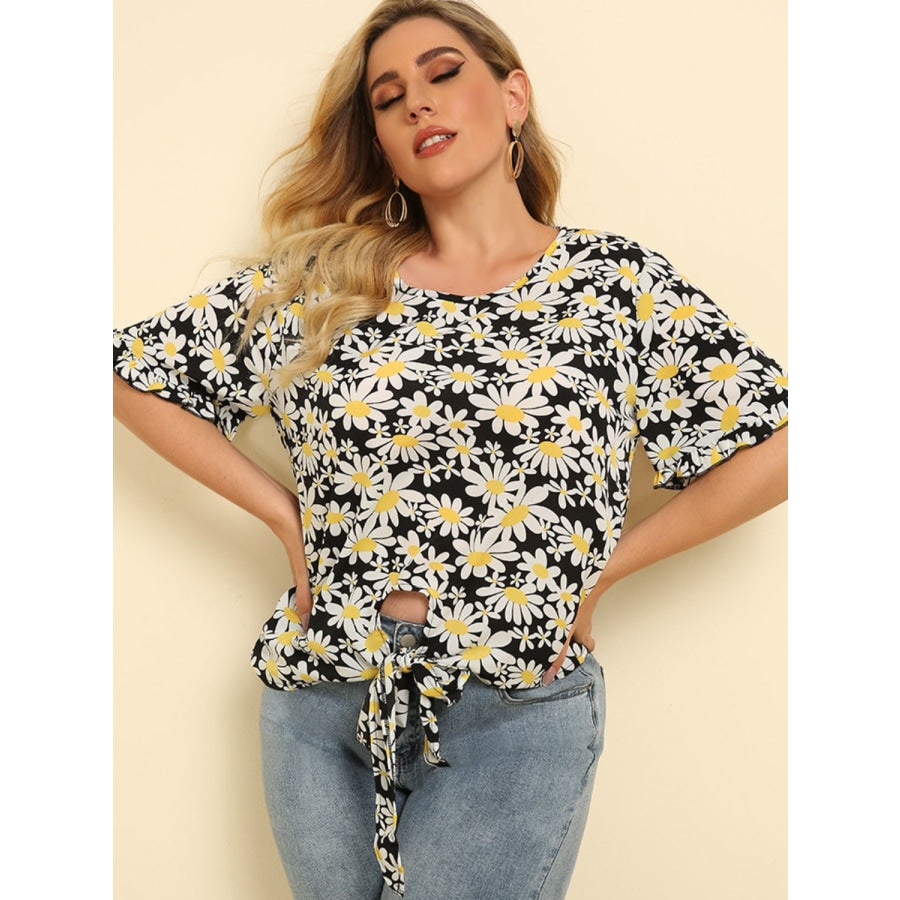 Plus Size Floral Round Neck Tie Hem Blouse