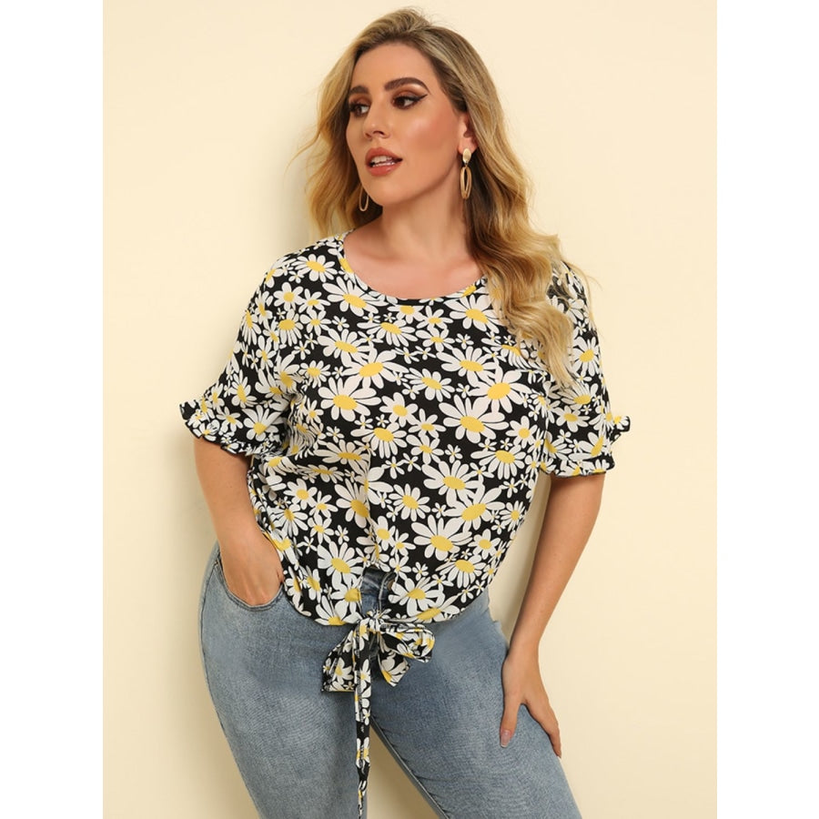 Plus Size Floral Round Neck Tie Hem Blouse