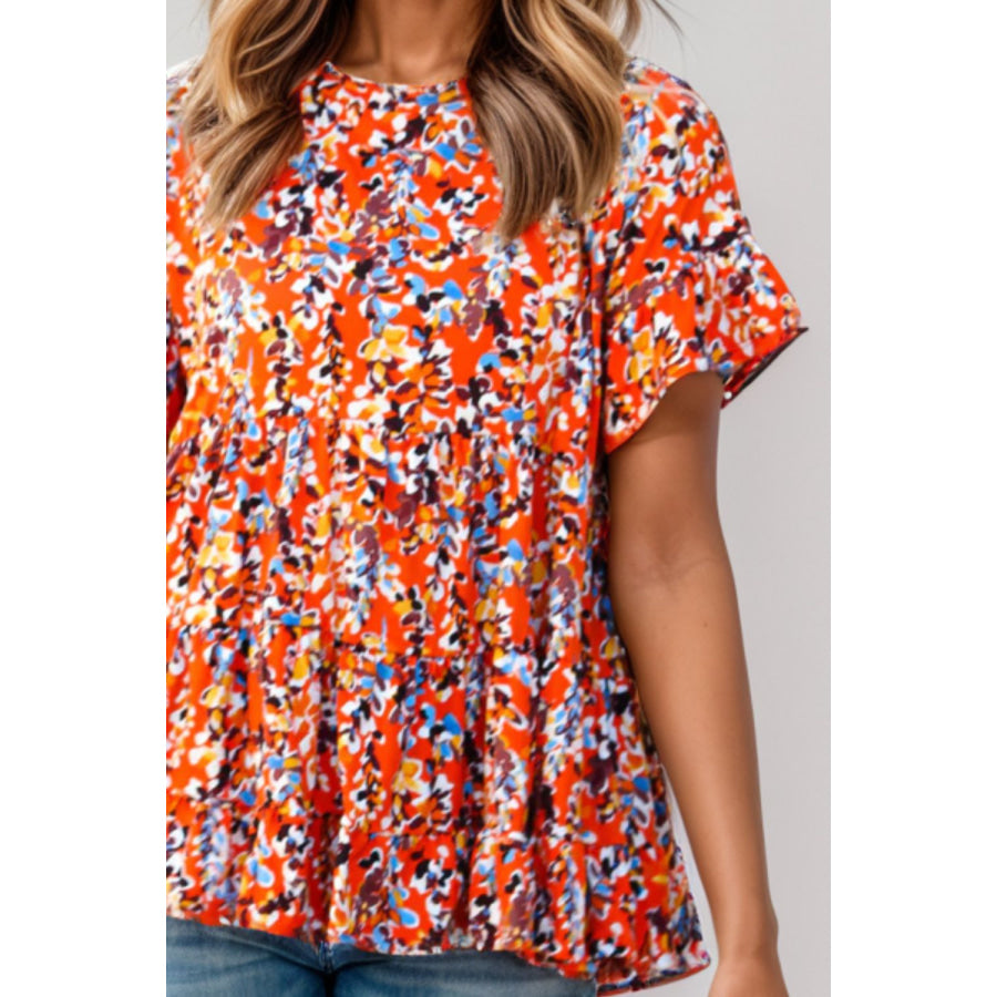 Plus Size Floral Round Neck Tiered Blouse Multicolor / 1X Apparel and Accessories