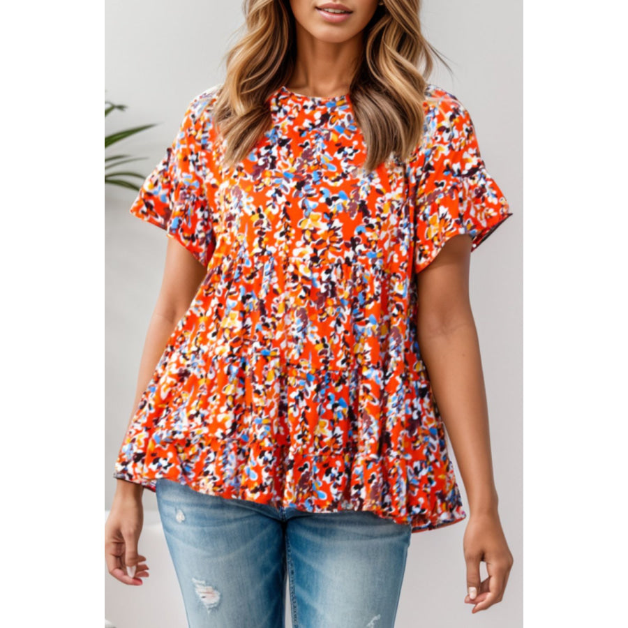 Plus Size Floral Round Neck Tiered Blouse Multicolor / 1X Apparel and Accessories