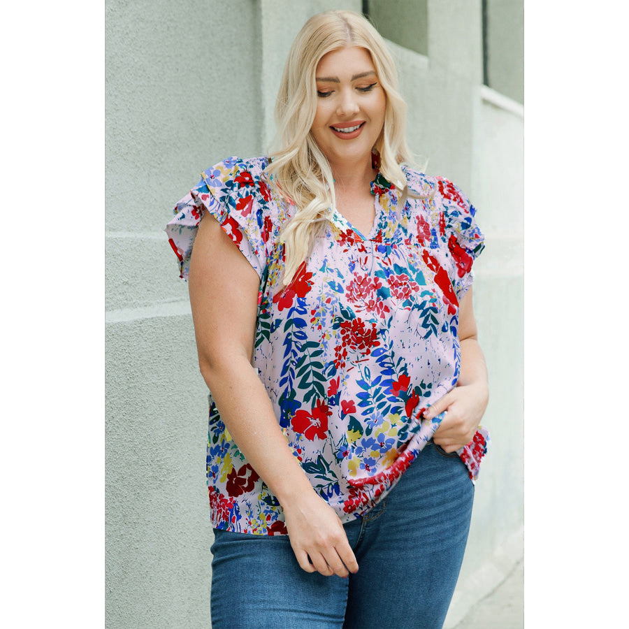 Plus Size Floral Smocked Flutter Sleeve Blouse Multicolor / 1X