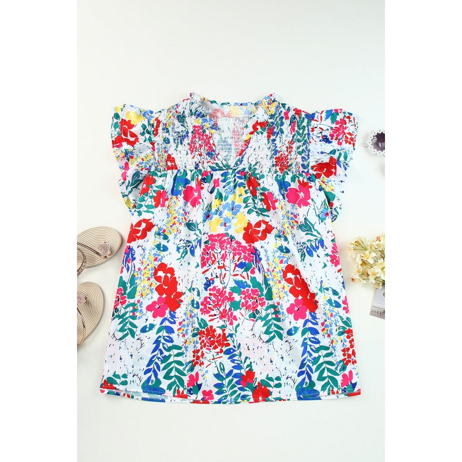 Plus Size Floral Smocked Flutter Sleeve Blouse